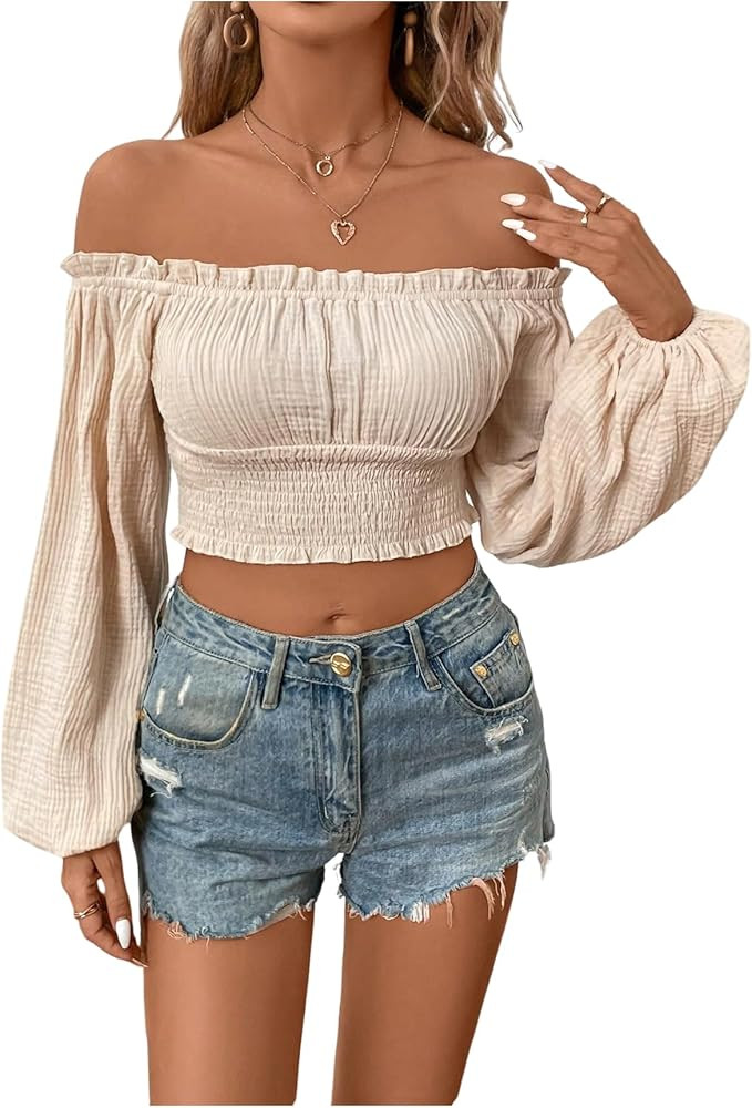 Floerns Women's Off The Shoulder Long Lantern Sleeve Blouse Frill Trim Textured Ruched Crop Top | Amazon (US)