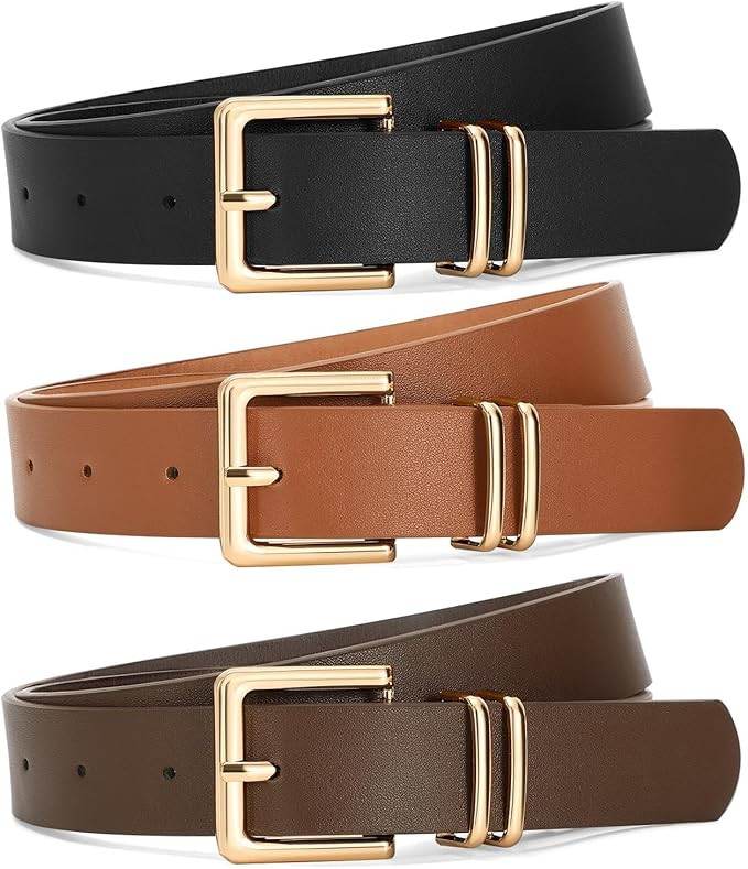 SANSTHS 3 PACK Women Leather Belts for Jeans Pants Dresses Fashion Ladies Waist Belt with Gold Sq... | Amazon (US)
