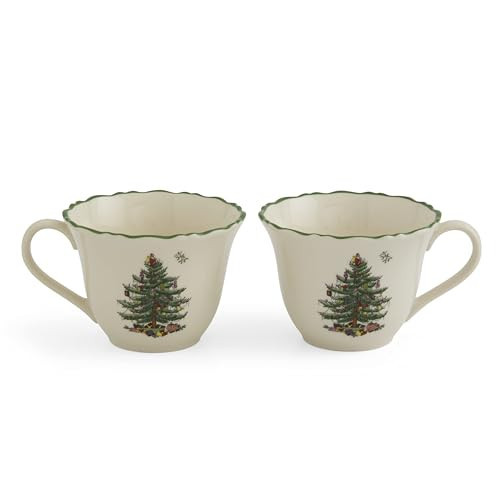 Spode Christmas Tree Punch Cups - Set of 2 Holiday Mugs for Espresso, Tea, Coffee - 8 Oz Porcelain Cups with Scalloped Rim, Christmas Design - Microwave & Dishwasher Safe | Amazon (US)
