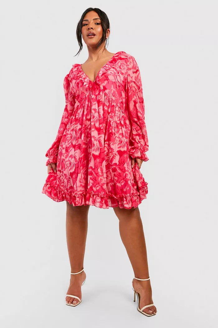 Plus Printed Chiffon Wrap Smock Dress | boohoo (US & Canada)