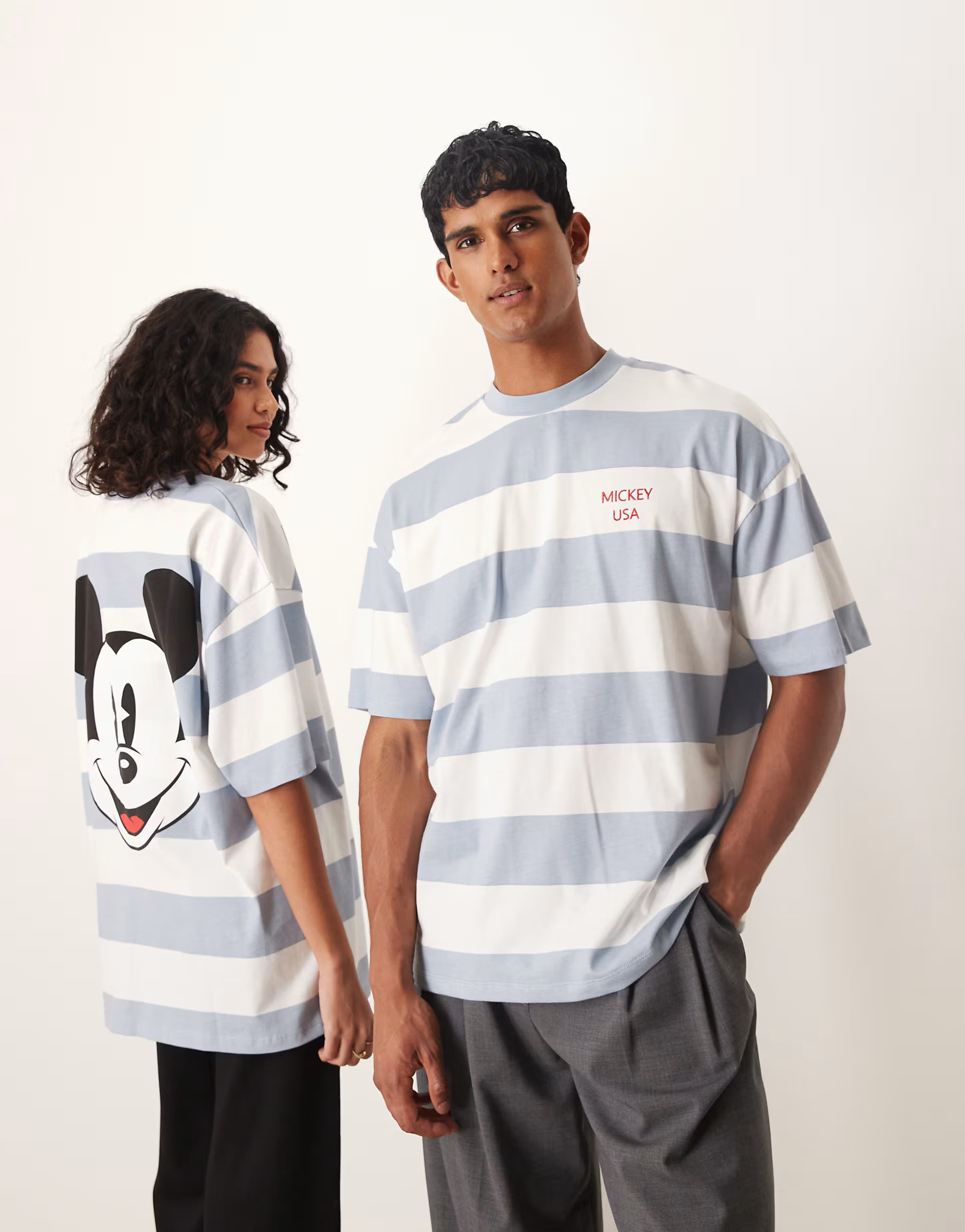 ASOS DESIGN Disney unisex oversized t-shirt with Mickey Mouse print in blue pinstripe | ASOS (Global)