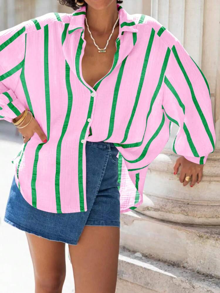 Women's Pink Striped Loose Chiffon Shirt, Elegant Cardigan Casual Blouse, Commuter Fashion Suitable For Dates, Spring/Summer | SHEIN