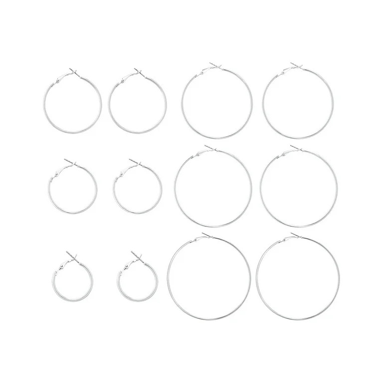 Time and Tru Women's Silver Tone Graduated Wire Hoop Earring Set, 6-Piece - Walmart.com | Walmart (US)