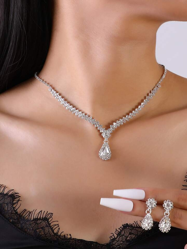 Rhinestone Water Drop Decor Drop Earrings & Necklace For Women For Party Banquet Wedding | SHEIN