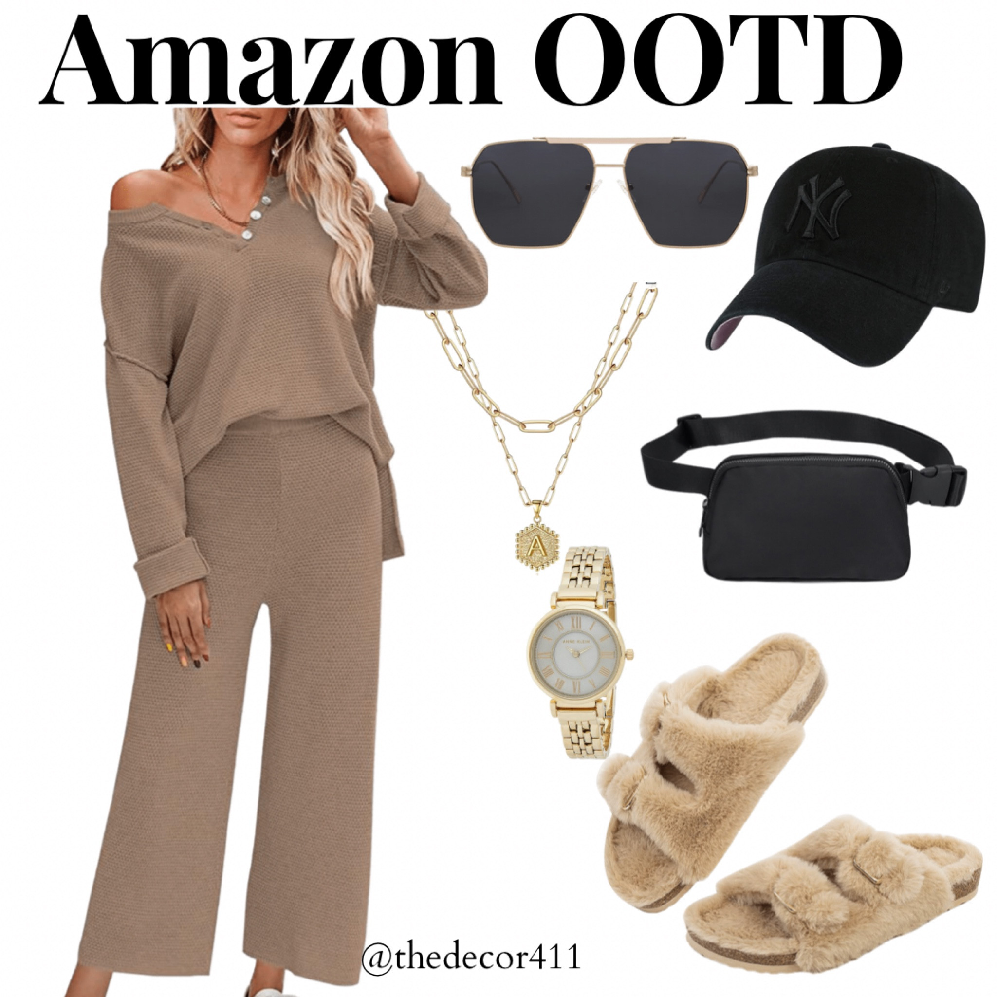 Amazon ootd
Amazon outfit idea, neutral outfit, travel outfit, lounge wear, two piece lounge set, fuzzy sandals, fuzzy slippers, comfy outfit, belt bag, ball cap, sun glasses, necklace, watch, fall outfit, fuzzy slides

#LTKSeasonal #LTKunder50 #LTKshoecrush