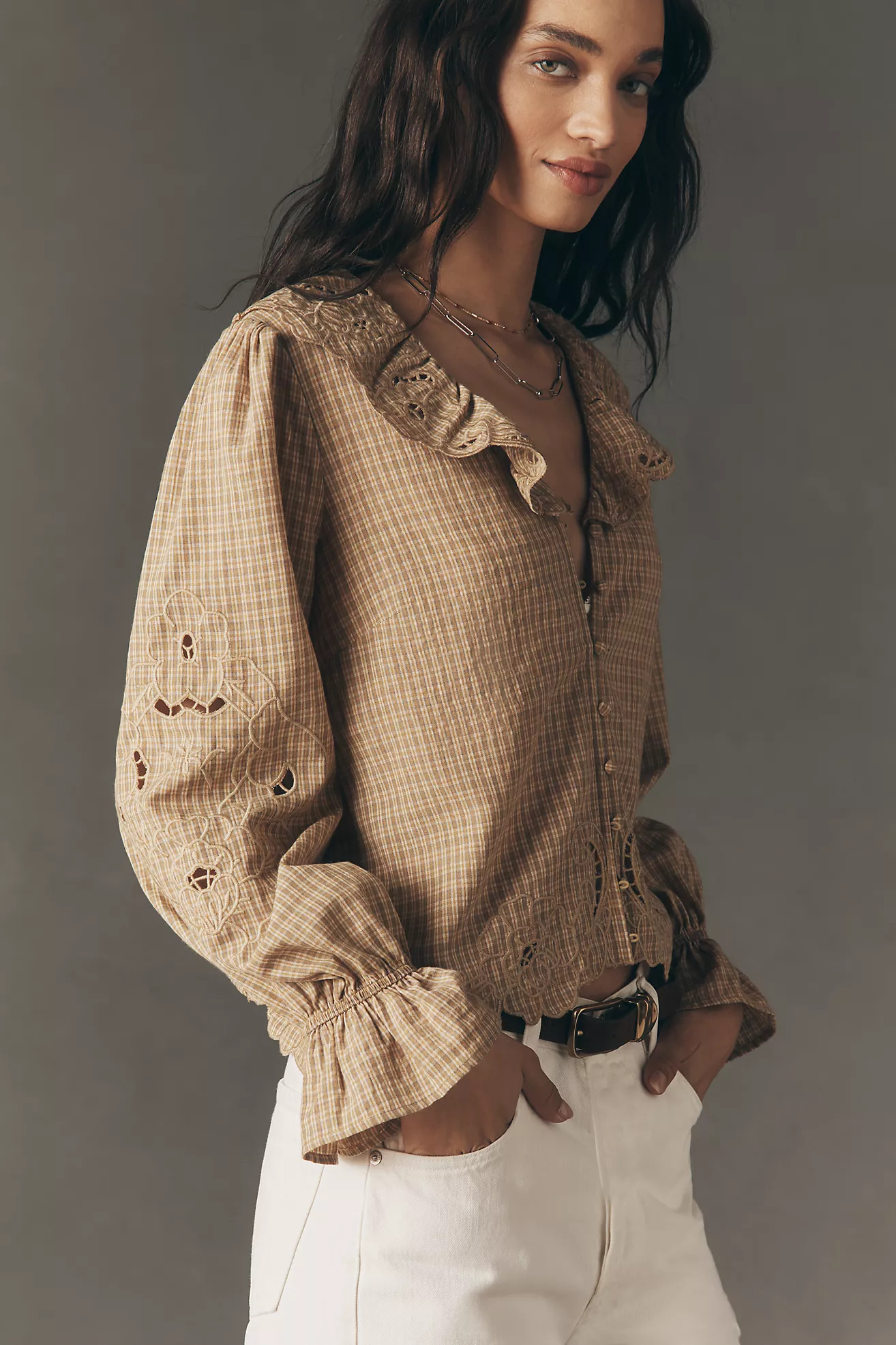 RAISONNEL Ruffled Embroidered Buttondown Top | Anthropologie (US)