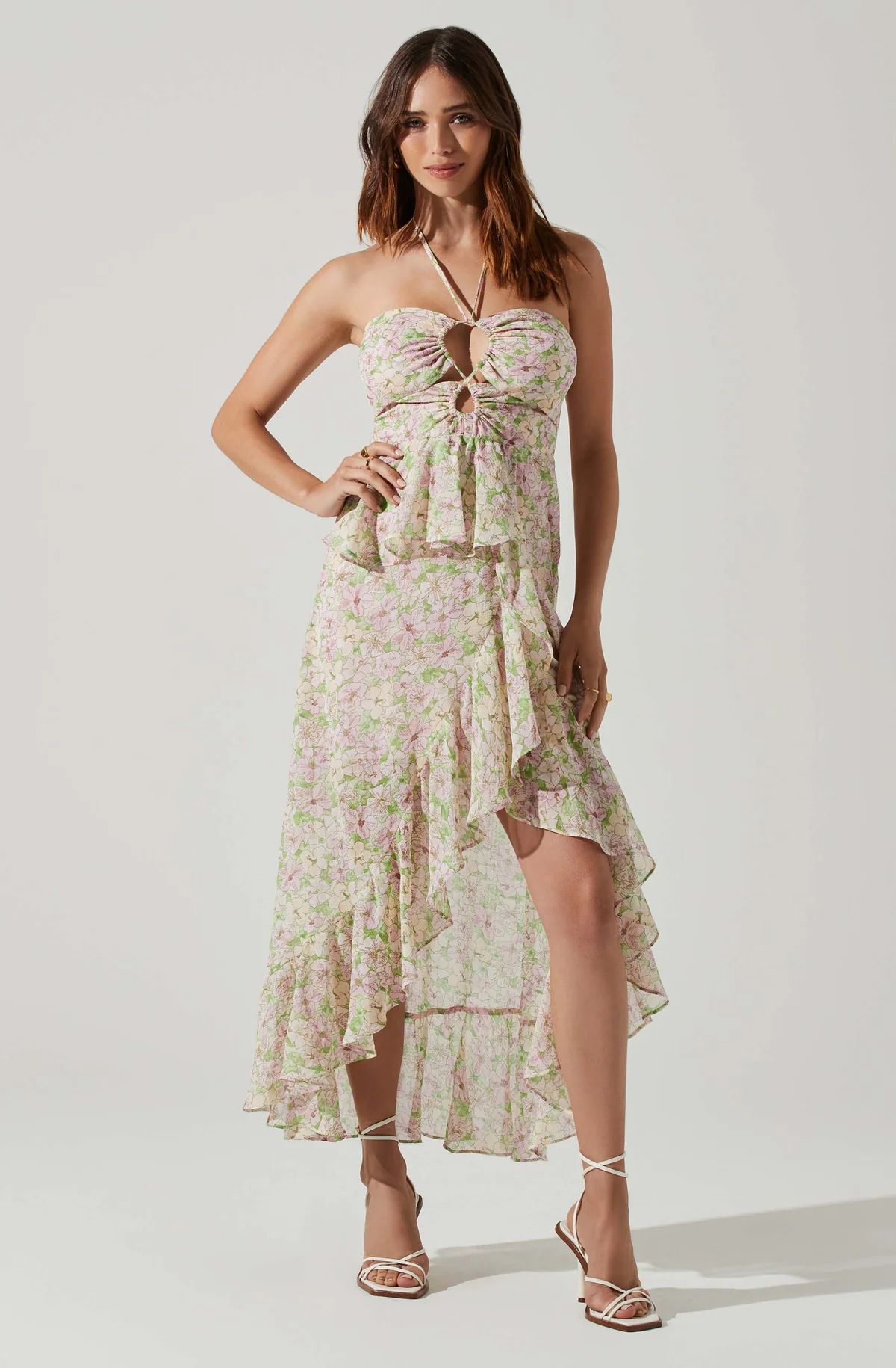 Vivee Floral Asymmetrical Halter Maxi Dress | ASTR The Label (US)