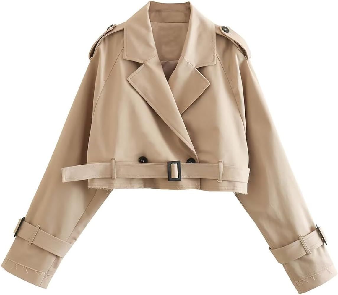 Women's Cropped Jacket Lapel Long Sleeve Crop Trench Coat Loose Pea Outwear with Belt | Amazon (US)