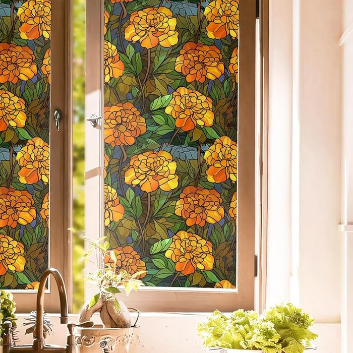 Orange Flowers Green Leaf Vintage Stained Glass Window Films Decorative Double-Side Privacy Film ... | Amazon (US)