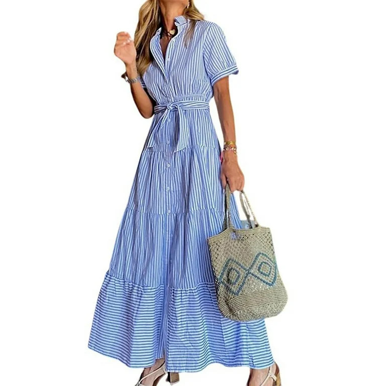 utcoco Womens Casual Striped Shirt Short Sleeve Maxi Dress Blue-M | Walmart (US)