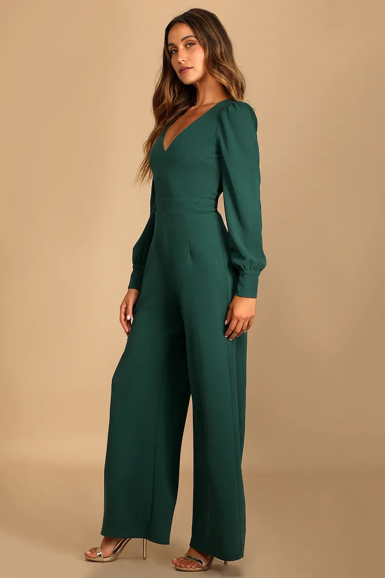 Celebrating Romance Emerald Green Long Sleeve Wide-Leg Jumpsuit | Lulus (US)