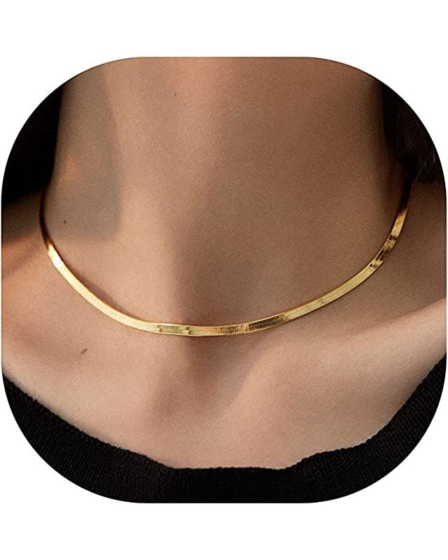Amazon.com: Gold Herringbone Chain Necklace 14k Gold Plated Stainless Steel Dainty Gold Necklaces... | Amazon (US)