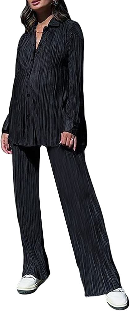 Women 2 Piece Pleated Pants Set Long Sleeve Button Shirt Blouse Top Long Wide Leg Pants Outfits Summ | Amazon (US)