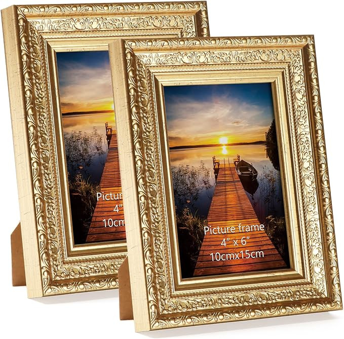 4x6 Picture Frames Set of 2, Vintage Gold Photo Frame 4 by 6 for Tabletop or Wall Display | Amazon (US)