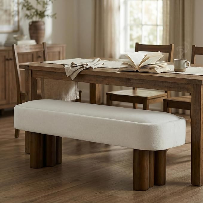 Merax 51.57'L Indoor Fabric Dining Bench with Walnut Rubberwood Legs,Upholstered Seating for Kitc... | Amazon (US)