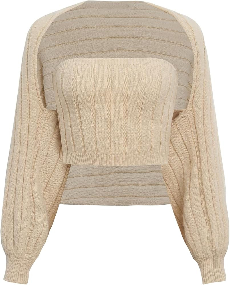 Floerns Women's Dolman Long Sleeve Shrug Cardigan Sweater and Crop Tube Top | Amazon (US)