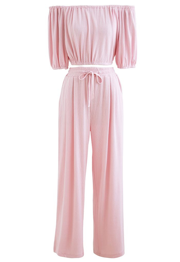Off-Shoulder Crop Top and Pants Set in Pink | Chicwish