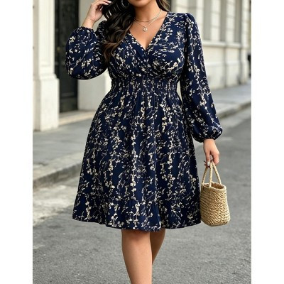 Plus Size Women Floral Midi Dress V‑Neck Long Sleeve Smocked Waist Tiered Ruffle Swing Dress, Blue, 4XL | Target