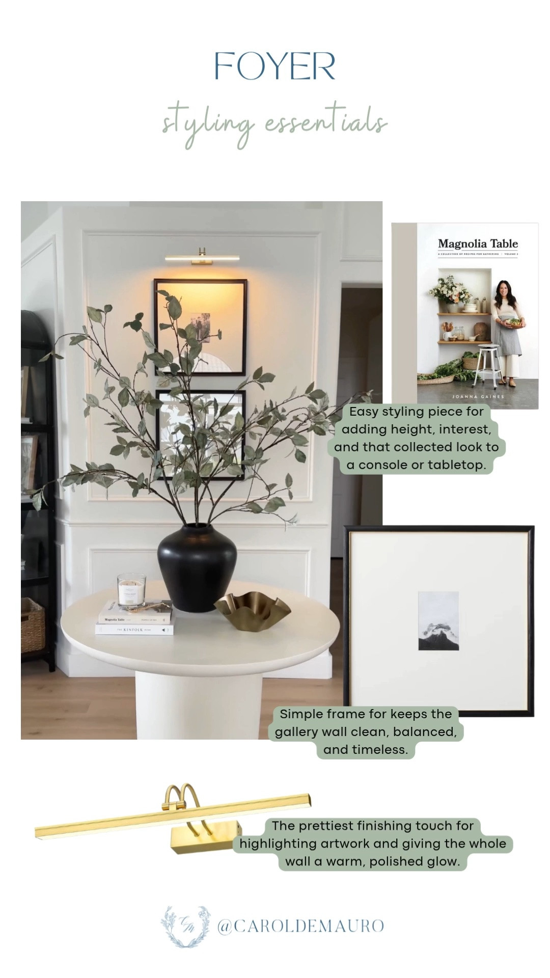 A gallery wall is the easiest way to give an entryway that finished, collected look. Simple frames and a picture light do all the heavy lifting.

entryway styling ideas, gallery wall inspo, picture light decor, entryway decor essentials, minimalist gallery wall, home decor