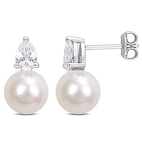 Sterling Silver 8.5-9mm Pearl and Created White Sapphire Earrings - 20624061 | HSN | HSN