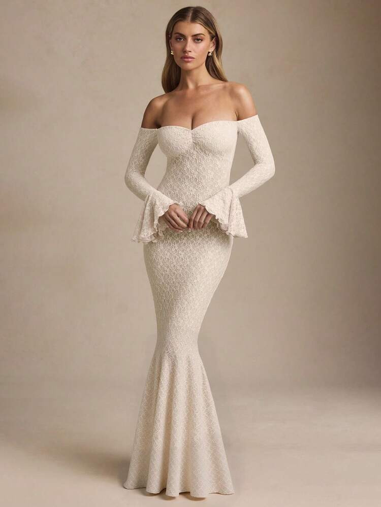 1pc Solid Color Lace Off-Shoulder Elegant Fitted Cocktail Party Wedding Dress | SHEIN
