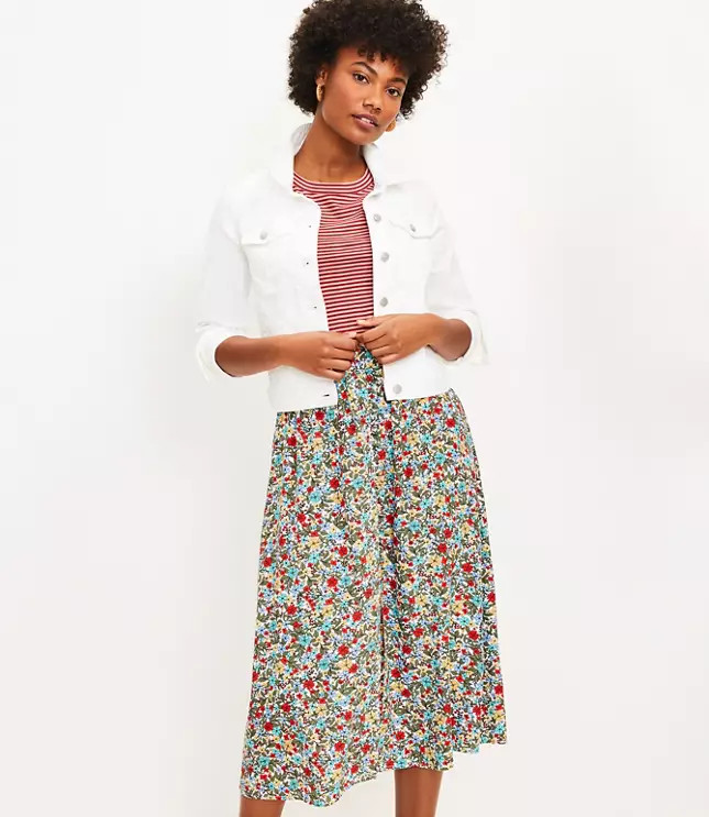 Floral Button Pull On Midi Skirt | LOFT