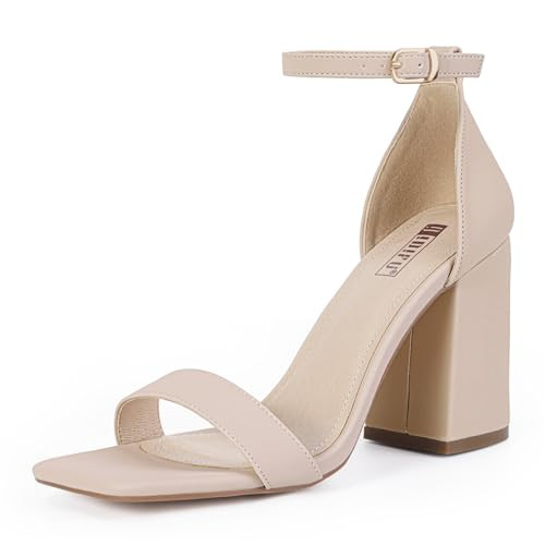 IDIFU Nude High Chunky Block Heels Square Open Toe Ankle Strap Heeled Sandals Wedding Bridal Prom Dressy Comfortable Sexy Trendy Bride Bridesmaid Dress Shoes Cute Thick Heels(Nude Nubuck, 5) | Amazon (US)