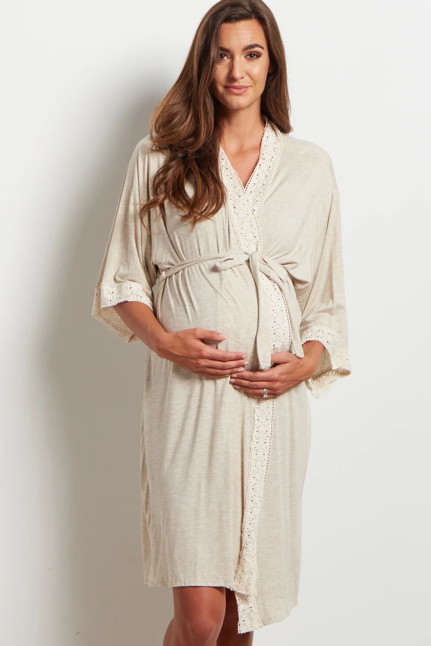 PinkBlush Beige Crochet Trim Delivery/Nursing Maternity Robe | PinkBlush Maternity