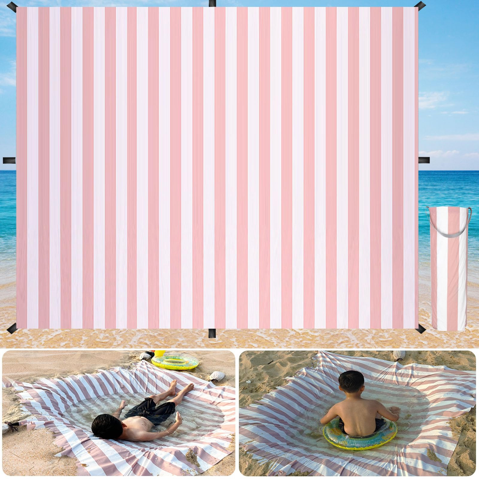 6.5 x 6.5 Feet Baby Beach Pool with Waterproof Carrying Bag 2-in-1 Beach Pool for Toddler for Pink Stripe Design Beach Blanket- Beach Pool | Amazon (US)