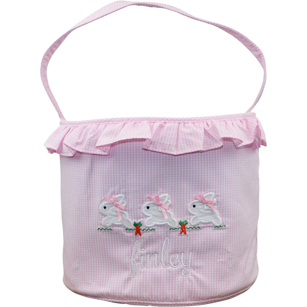 Pink Gingham Applique Bunnies Easter Basket | Cecil and Lou