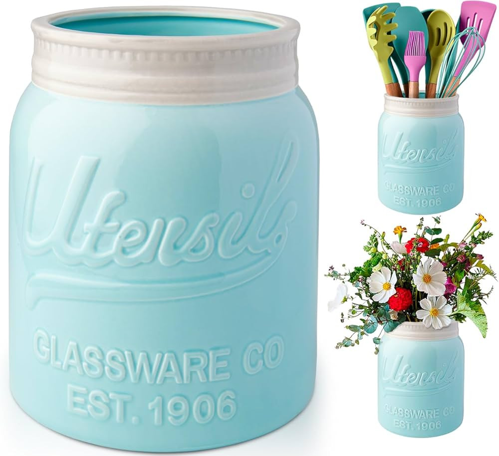 Comfify Wide Mouth Mason Jar Utensil Holder Decorative Kitchenware Organizer Crock, Chip Resistan... | Amazon (US)