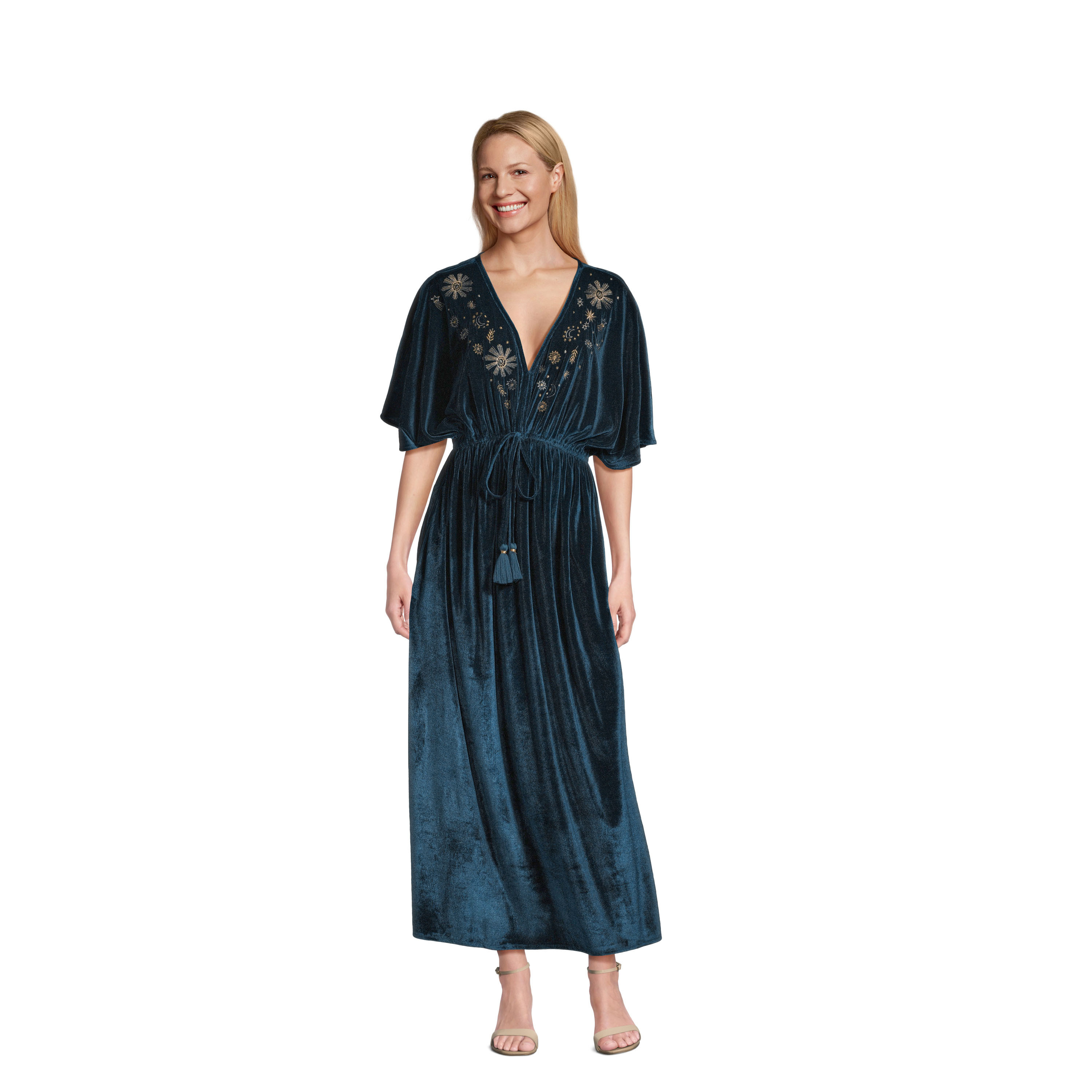 Mira Navy Blue Velvet Celestial Embroidered Kaftan Dress - World Market | World Market