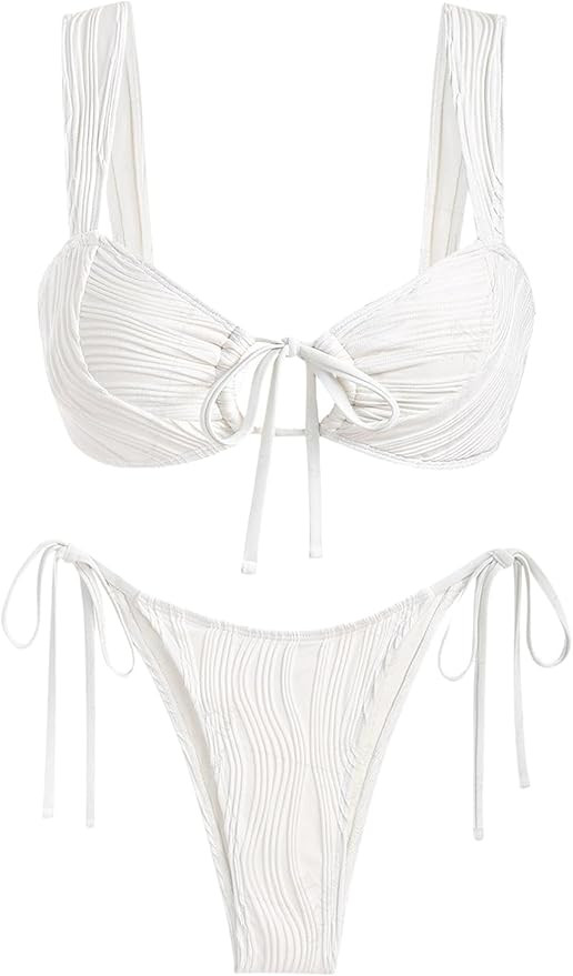 ZAFUL Women's Cinched Bikini Solid Color Wave Textured Knotted Tied Side Two Piece Swimsuit Bathi... | Amazon (US)
