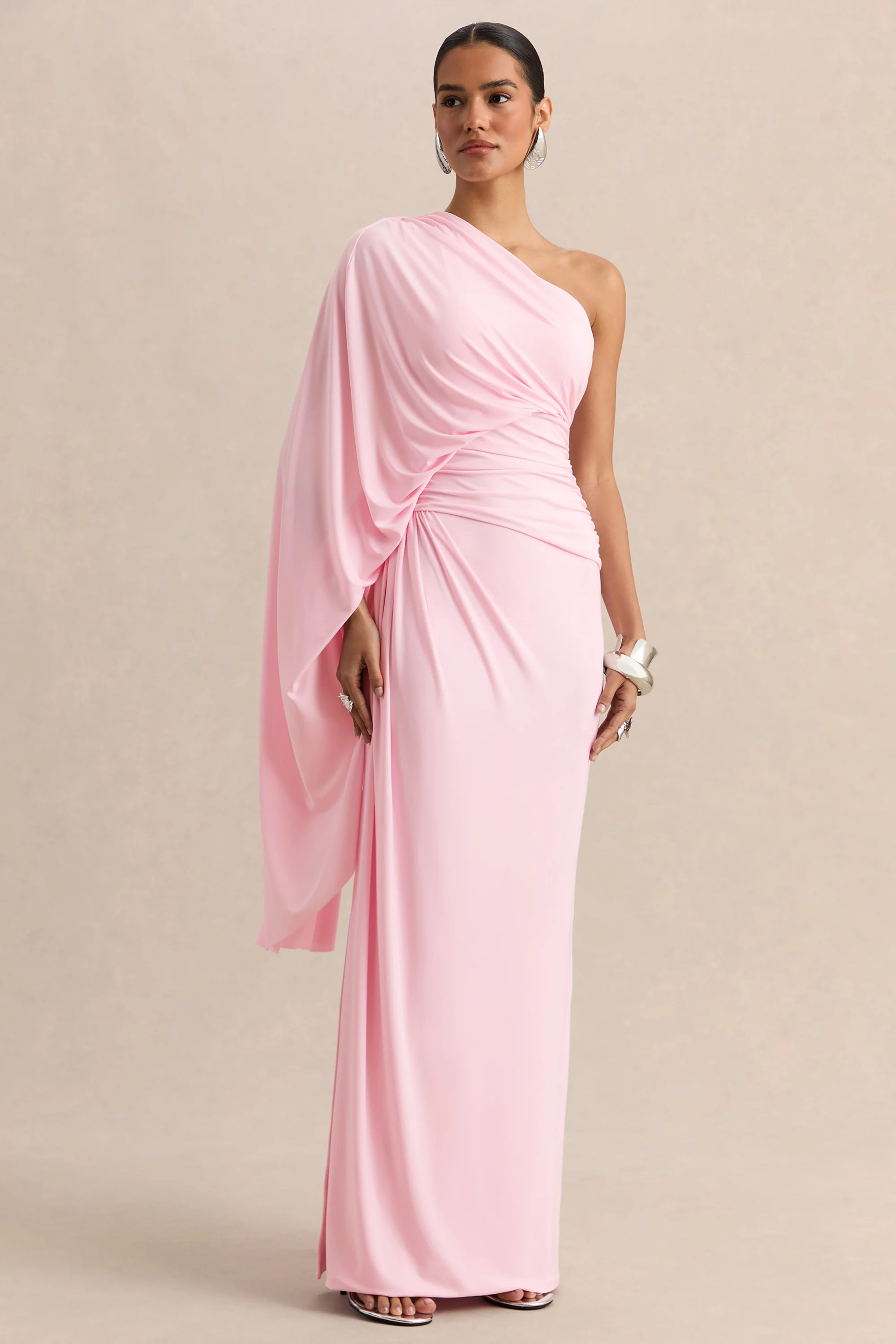 Sabella | Pink Asymmetric-Neck Maxi Dress | Club L London