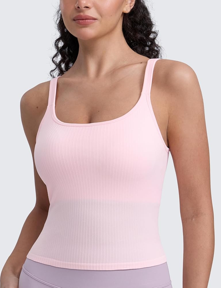 CRZ YOGA Seamless Womens U Neck Longline Sports Bra - Thin Strap Padded Workout Crop Tank Ribbed Open Back Yoga Camisole Top | Amazon (US)