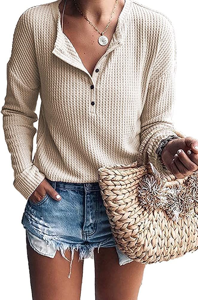 WNEEDU Women's Waffle Knit Tunic Tops Loose Long Sleeve Button Up V Neck Henley Shirts | Amazon (US)