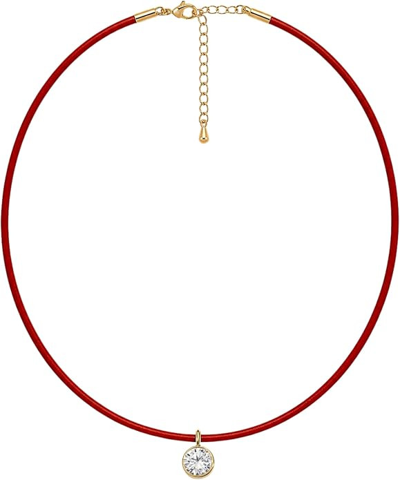 Lenny Necklace | Red Leather CZ 18k Gold Bezel Pendant Necklace – Statement & Everyday Wear (16... | Amazon (US)