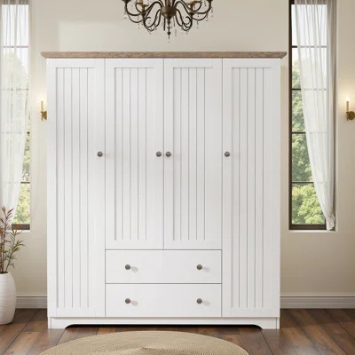 Freestanding 4-Door Wardrobe Closet with Drawers and Hanging Rods, Bedroom Storage Cabinet Armoire | Wayfair North America