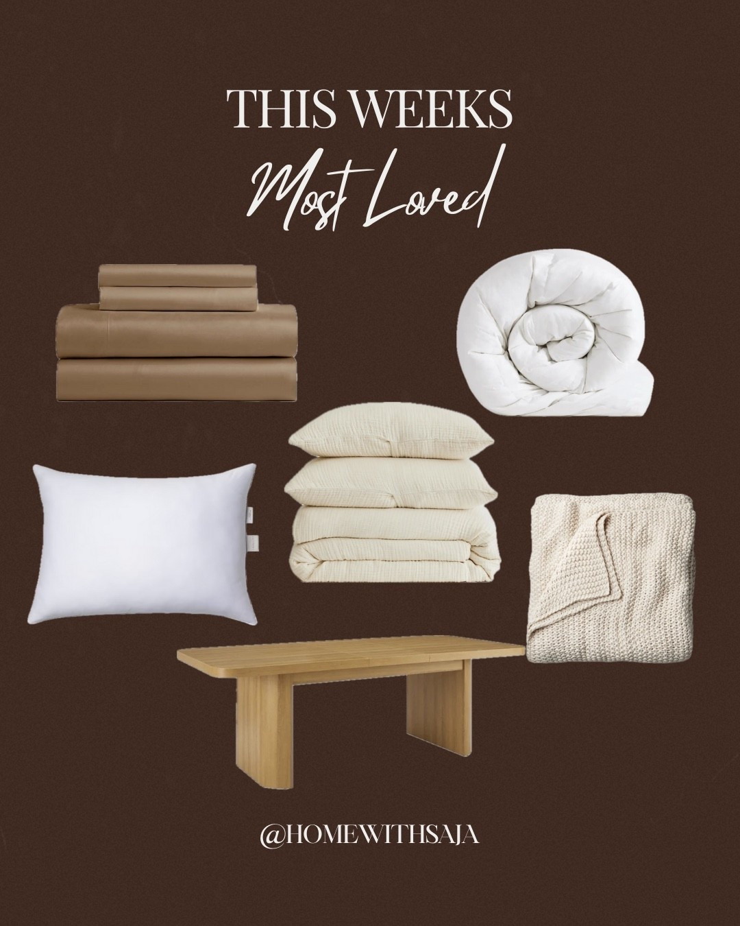 Recent best selling items in my home! 
1. bamboo silky soft bed sheet set in walnut.
2. the ultra premium plush duvet insert. this will truly transform your bed into a cloud!
3. Casaluna pillows from Target. Love everything from this brand!
4. The airy gauze duvet cover set in undyed. love the subtle neutral pattern and the breathability.
5. Chunky knit throw blanket perfect for layering on your bed. It comes in many colors too.
6. A dining table that will fit everyone for under $270!
bedding, bedroom, duvet color, home best sellers, home finds, dining room table, home essentials 
@Target 
@onequince 
@walmart 

#LTKHome