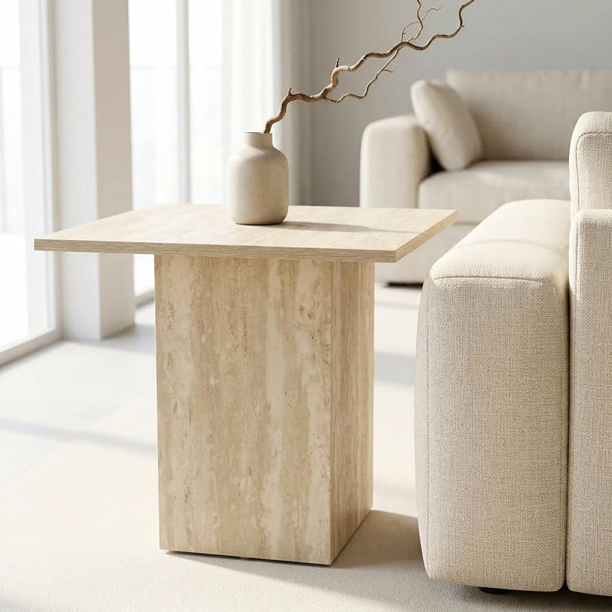 HNY Small Square Side Table Faux Marble Wood Bedside Table 20" Modern End Table Natural Travertin... | Amazon (US)