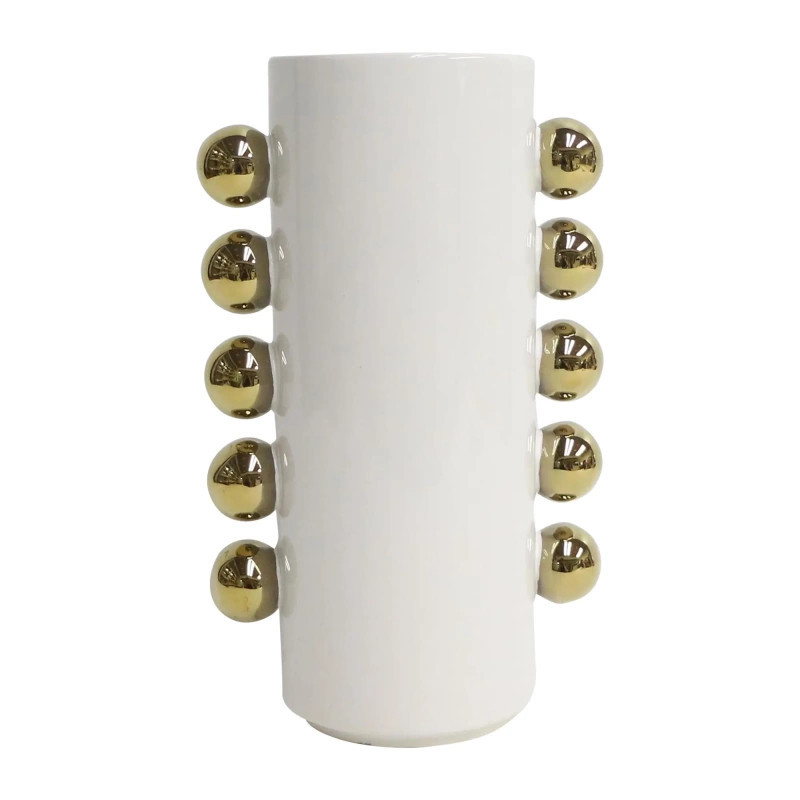Cer, 10" Vase W/ Side Knobs, White/gold | Homethreads