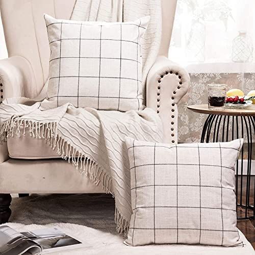 Amazon.com: Basic Model Set of 2 Plaid Throw Pillow Covers Striped Square Linen Pillowcases Decor... | Amazon (US)