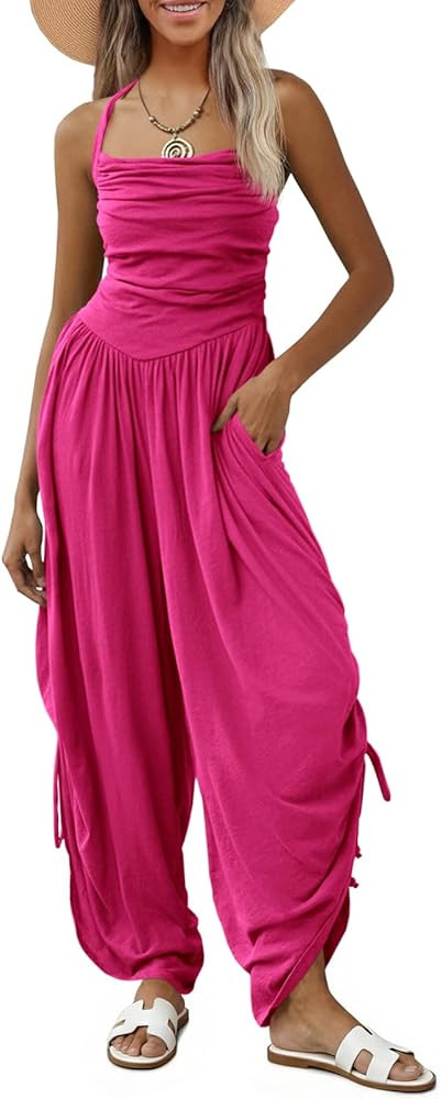 Fisoew Womens Casual Jumpsuits Summer Halter Straps Sleeveless Overalls Ruched Barrel Wide Leg Si... | Amazon (US)