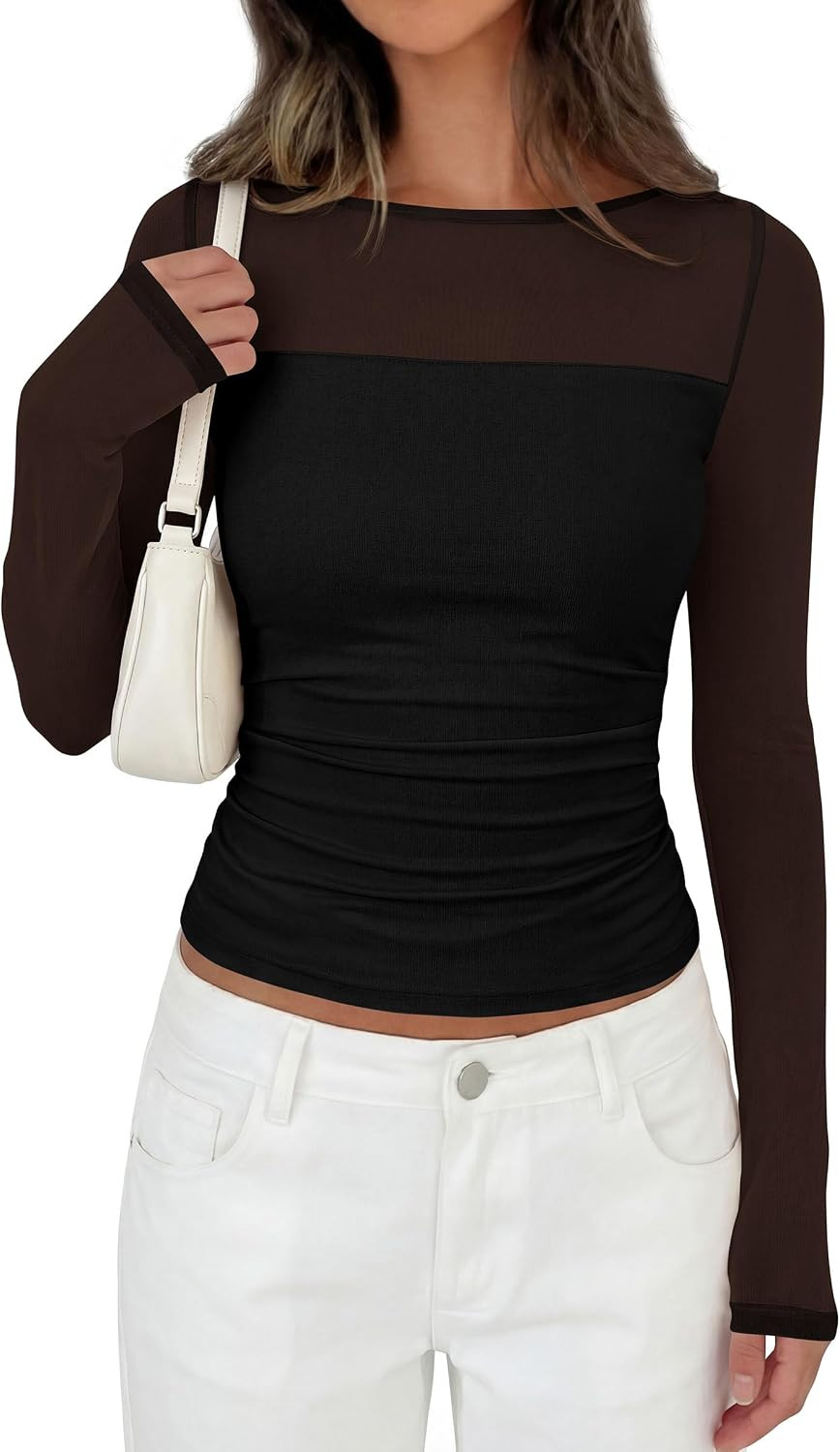 PRETTYGARDEN Women's Sheer Mesh Long Sleeve Going Out Tops | Amazon (US)