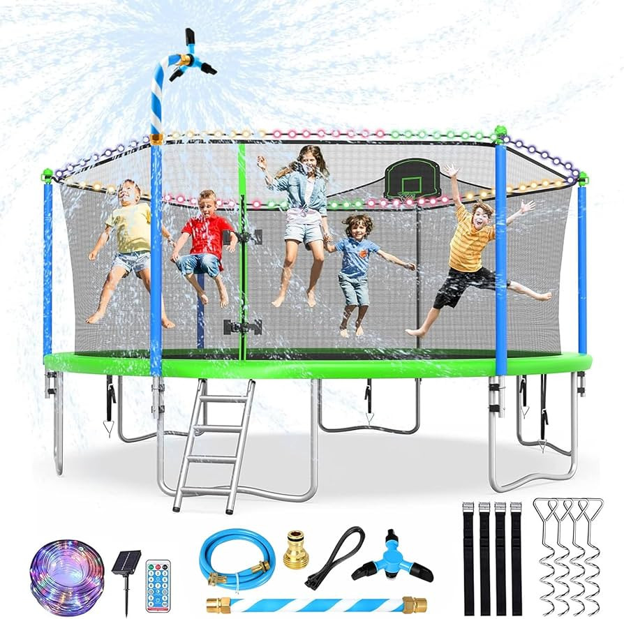 Upgraded 10/12/14/15/16FT Trampoline Outdoor, Large Kids Trampoline with Light, Stakes, Sprinkler... | Amazon (US)