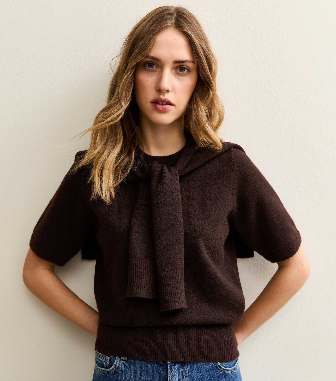 Dark Brown Scarf Tie Short Sleeve Knit Top | New Look | New Look (UK)