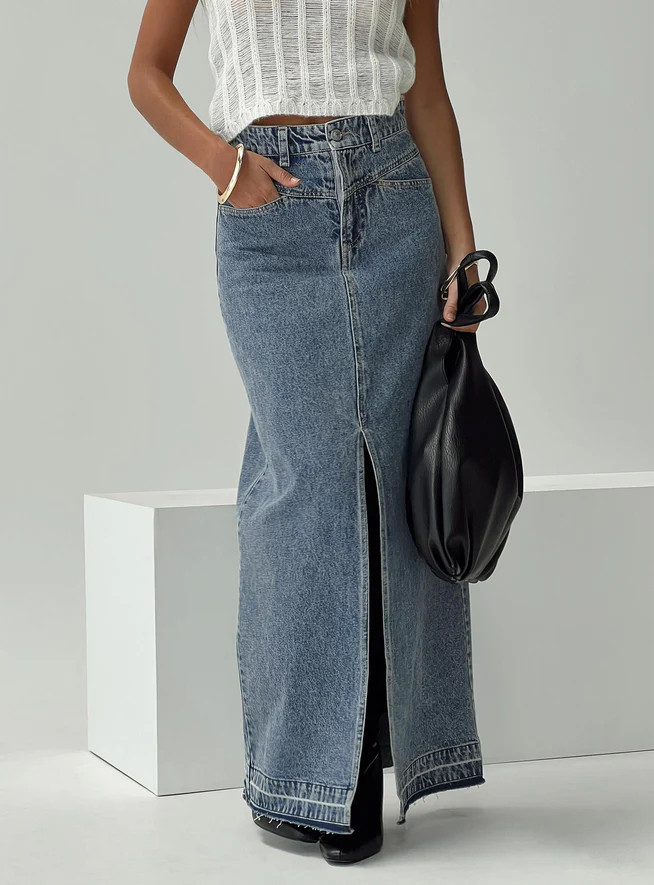 Deneuve Denim Maxi Skirt Mid Wash | Princess Polly US