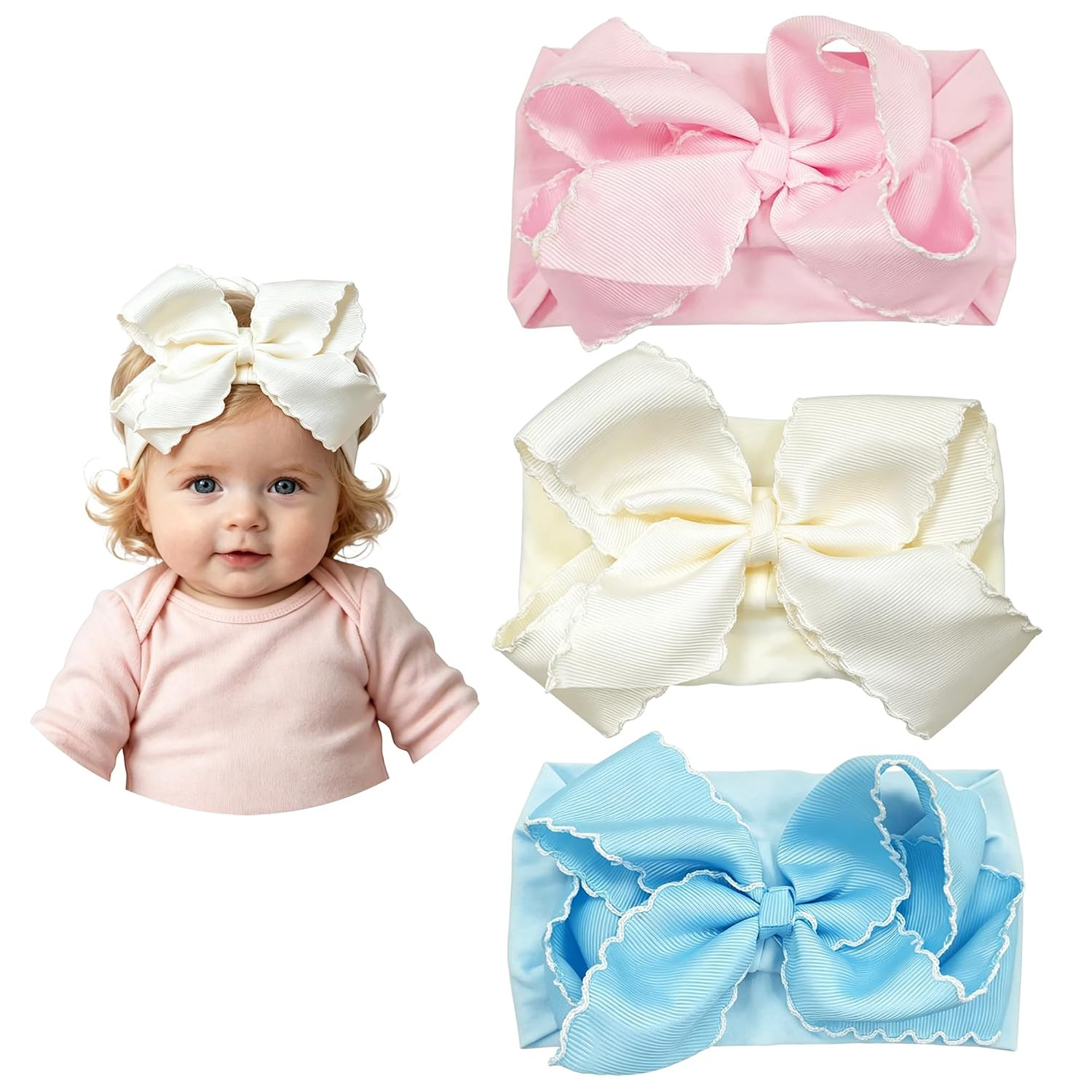 3 Pcs 6 Inch Pink Beige Blue Baby Girl Headbands With Bows Handmade Moonstitch Boutique Grosgrain Ribbon Baby Headbands Soft Nylon Elastic Headband For Newborns Infants Toddlers (Pink Beige Blue) | Amazon (US)