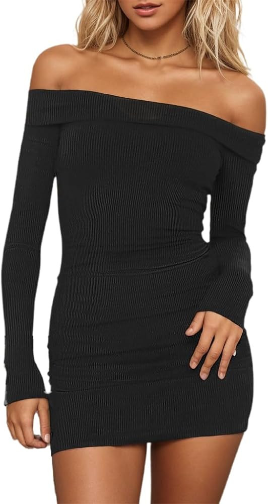 HYPERFIRE Women's Sexy Elegant Off The Shoulder Ribbed Long Sleeve Dress Party Mini Dresses | Amazon (US)