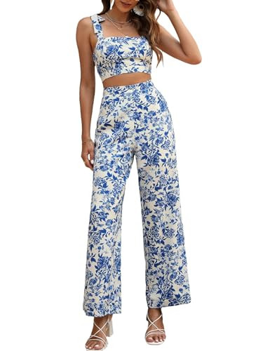 Floerns Women's 2 Piece Summer Boho Floral Print Knot Shoulder Zip Back Crop Cami Top and Maxi Pants Set Blue White Flower S | Amazon (US)
